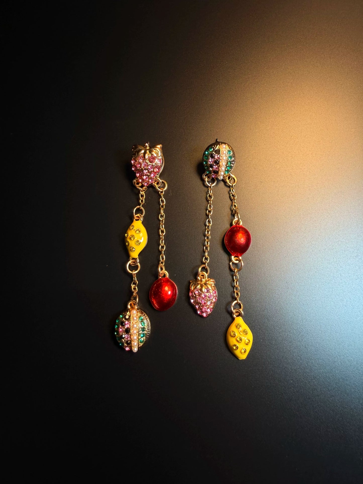 YYBB Jewelry Vintage Mismatched Fruit Tassel Drop Earrings with Rhinestones, Pearls and Enamel Charms, Playful Boho Statement Style