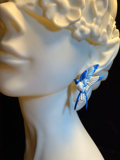 Vintage Style Blue Swallow Stud Earrings - Retro Flying Bird Jewelry