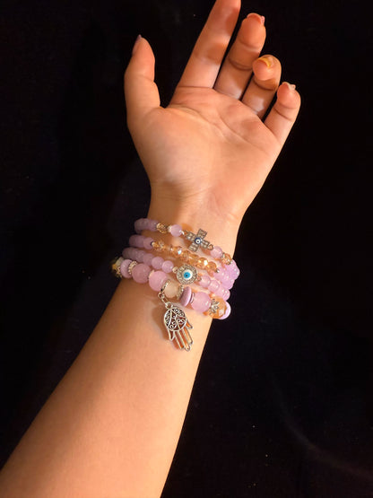 YYBB Jewelry Lot de 4 bracelets en perles lilas avec breloques main Hamsa, œil protecteur et croix, style bohème spirituel