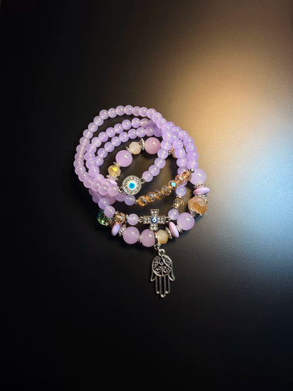 YYBB Jewelry Lot de 4 bracelets en perles lilas avec breloques main Hamsa, œil protecteur et croix, style bohème spirituel