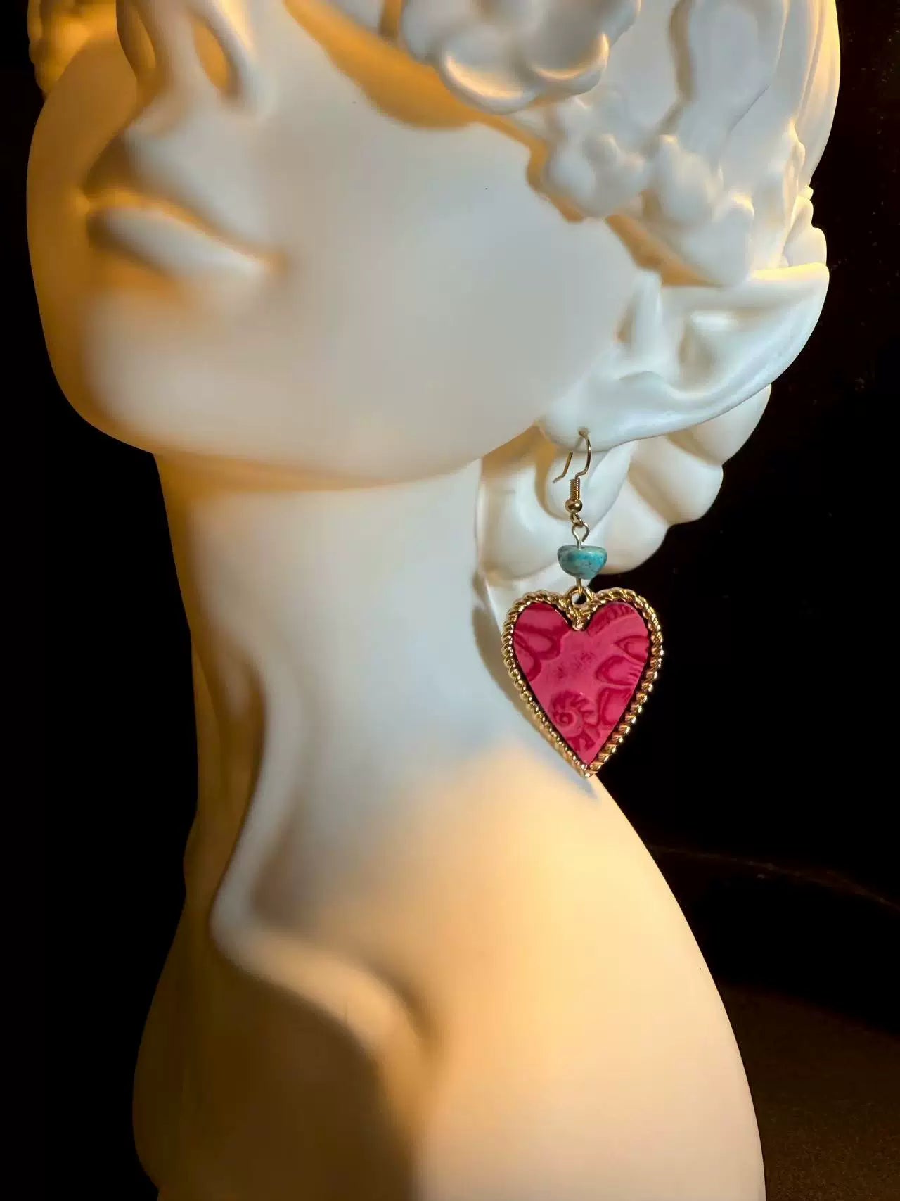 Vintage Style Hot Pink Heart Earrings - Boho Turquoise And Gold Drop Jewelry