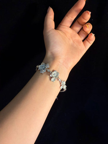 YYBB Jewelry Vintage Silver Floral Crystal Camellia Vine Bracelet with Adjustable Clasp for Bridal and Evening Style
