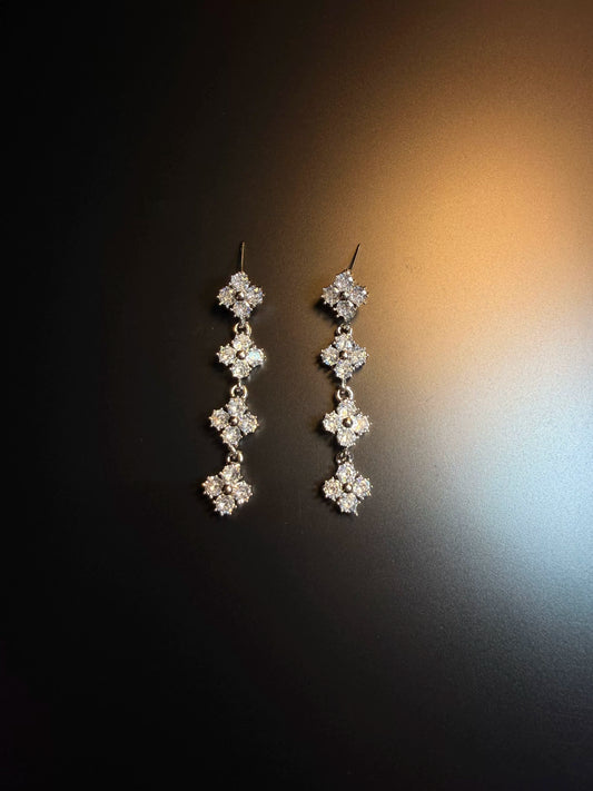 YYBB Jewelry Vintage Clover Drop Earrings Silver Tone Crystal Pave Long Dangle Bridal Statement Jewelry