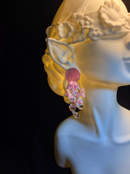 YYBB Jewelry Vintage Dream Tassel Pink Flower Beaded Statement Earrings with Shell Disc Fringe, Romantic Boho Handmade Style