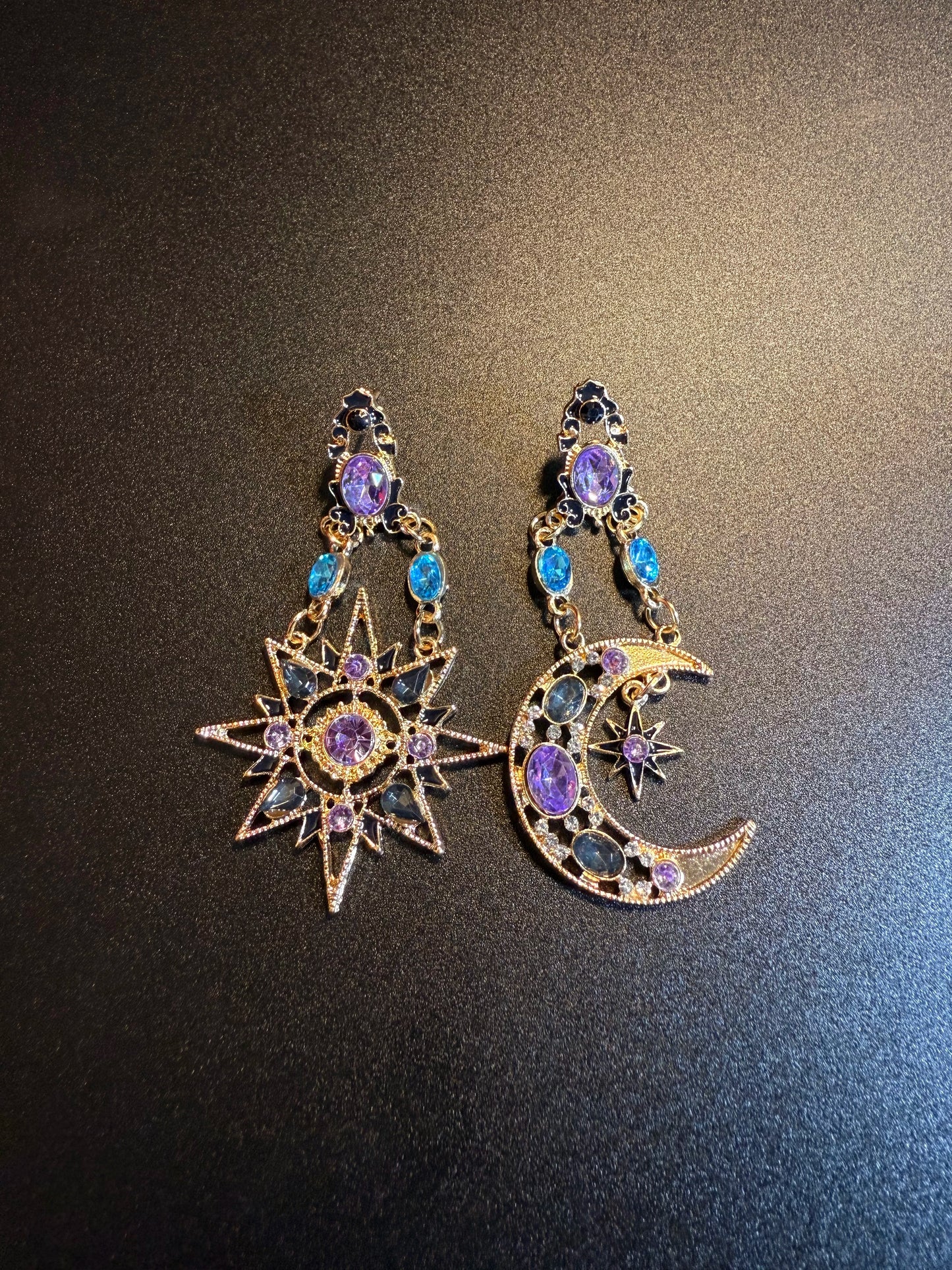 Vintage Style Purple Sun And Moon Earrings - Mismatched Celestial Crystal Jewelry