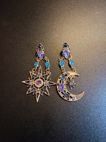 Vintage Style Purple Sun And Moon Earrings - Mismatched Celestial Crystal Jewelry