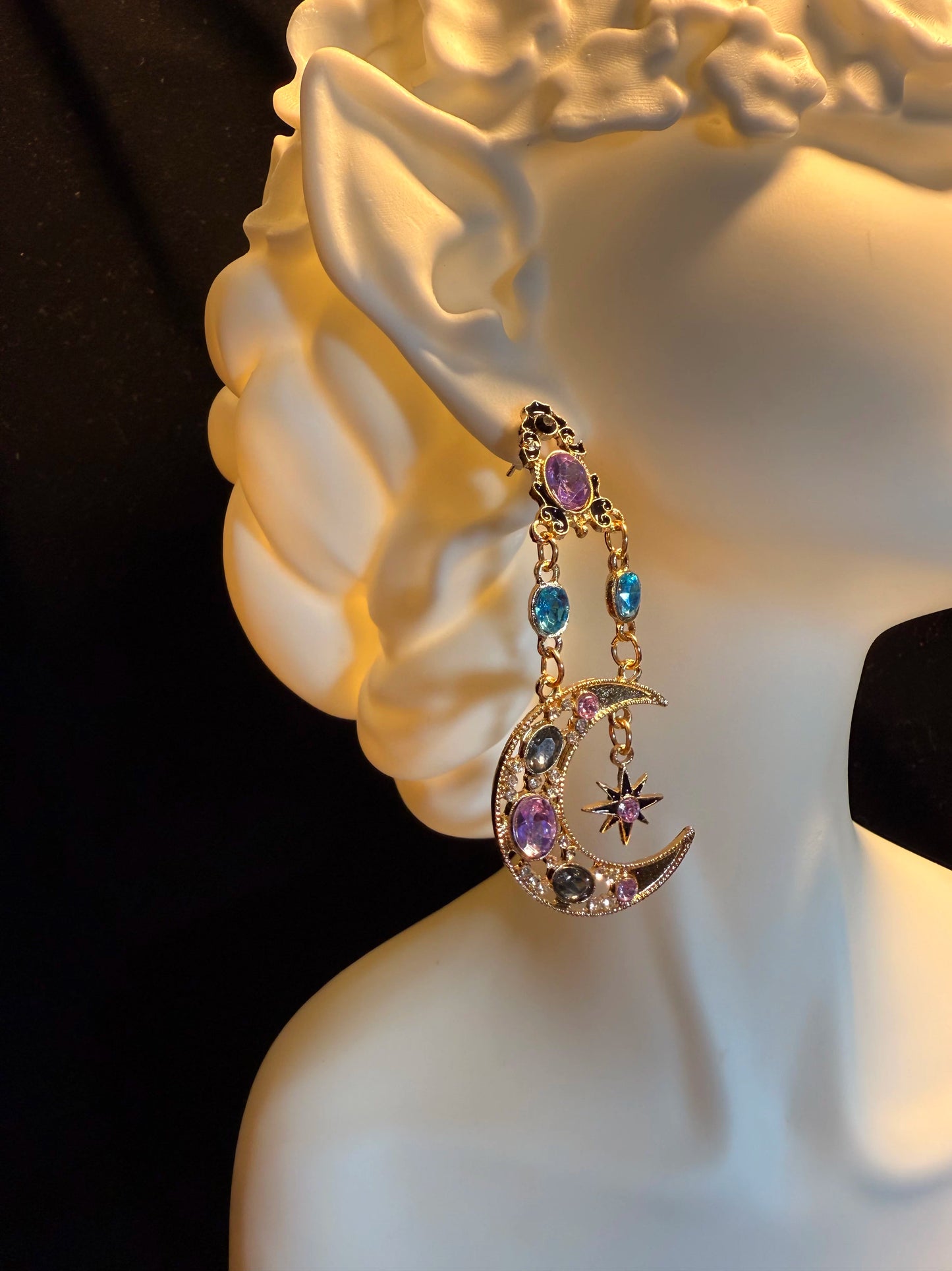 Vintage Style Purple Sun And Moon Earrings - Mismatched Celestial Crystal Jewelry
