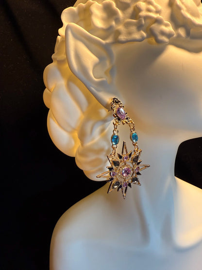 Vintage Style Purple Sun And Moon Earrings - Mismatched Celestial Crystal Jewelry