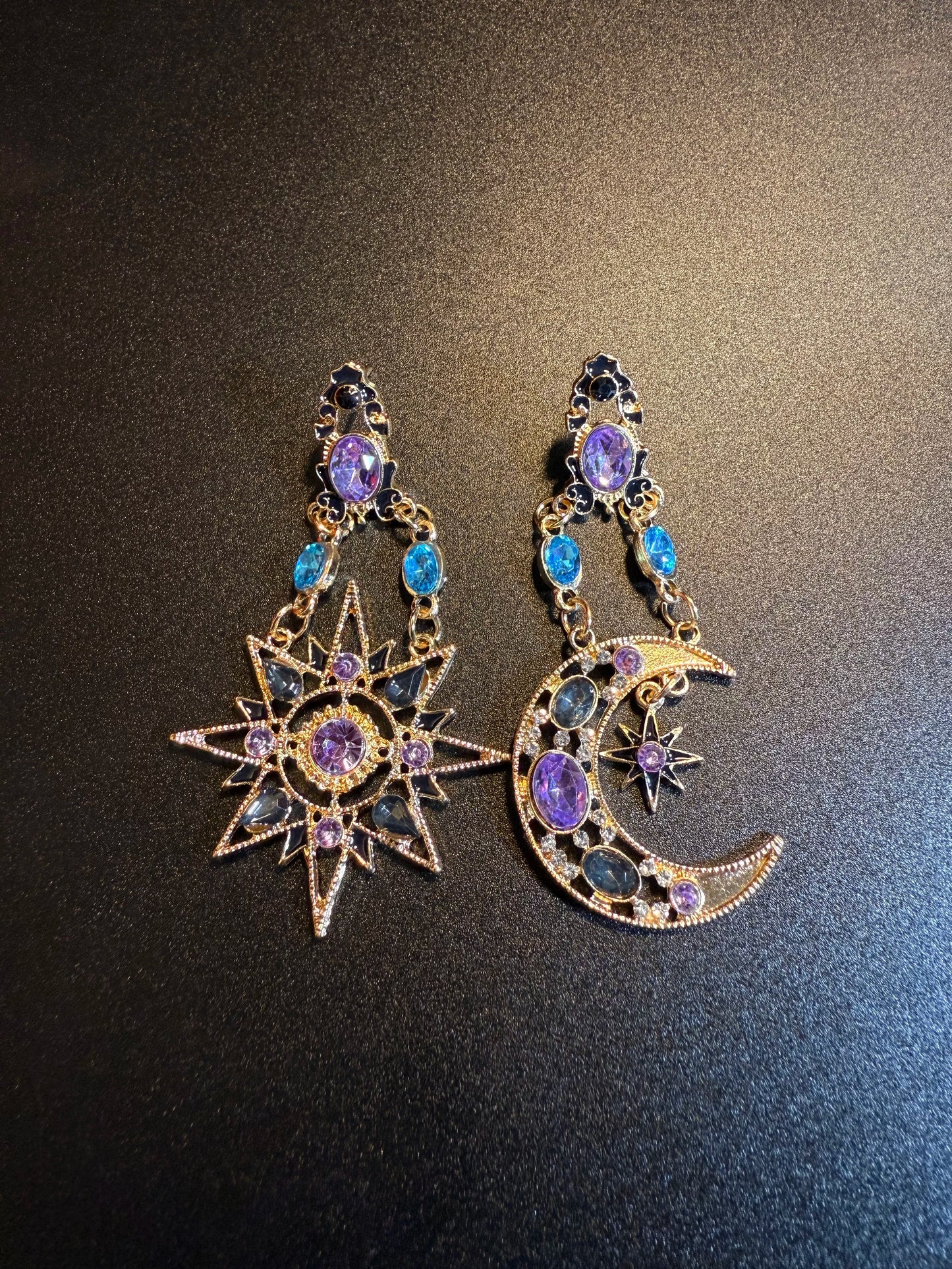Vintage Style Purple Sun And Moon Earrings - Mismatched Celestial Crystal Jewelry