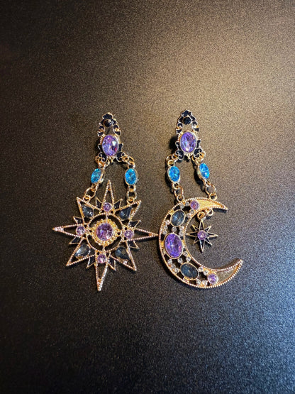 Vintage Style Purple Sun And Moon Earrings - Mismatched Celestial Crystal Jewelry