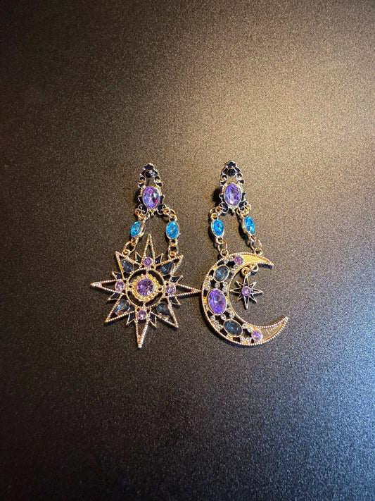 Vintage Style Purple Sun And Moon Earrings - Mismatched Celestial Crystal Jewelry