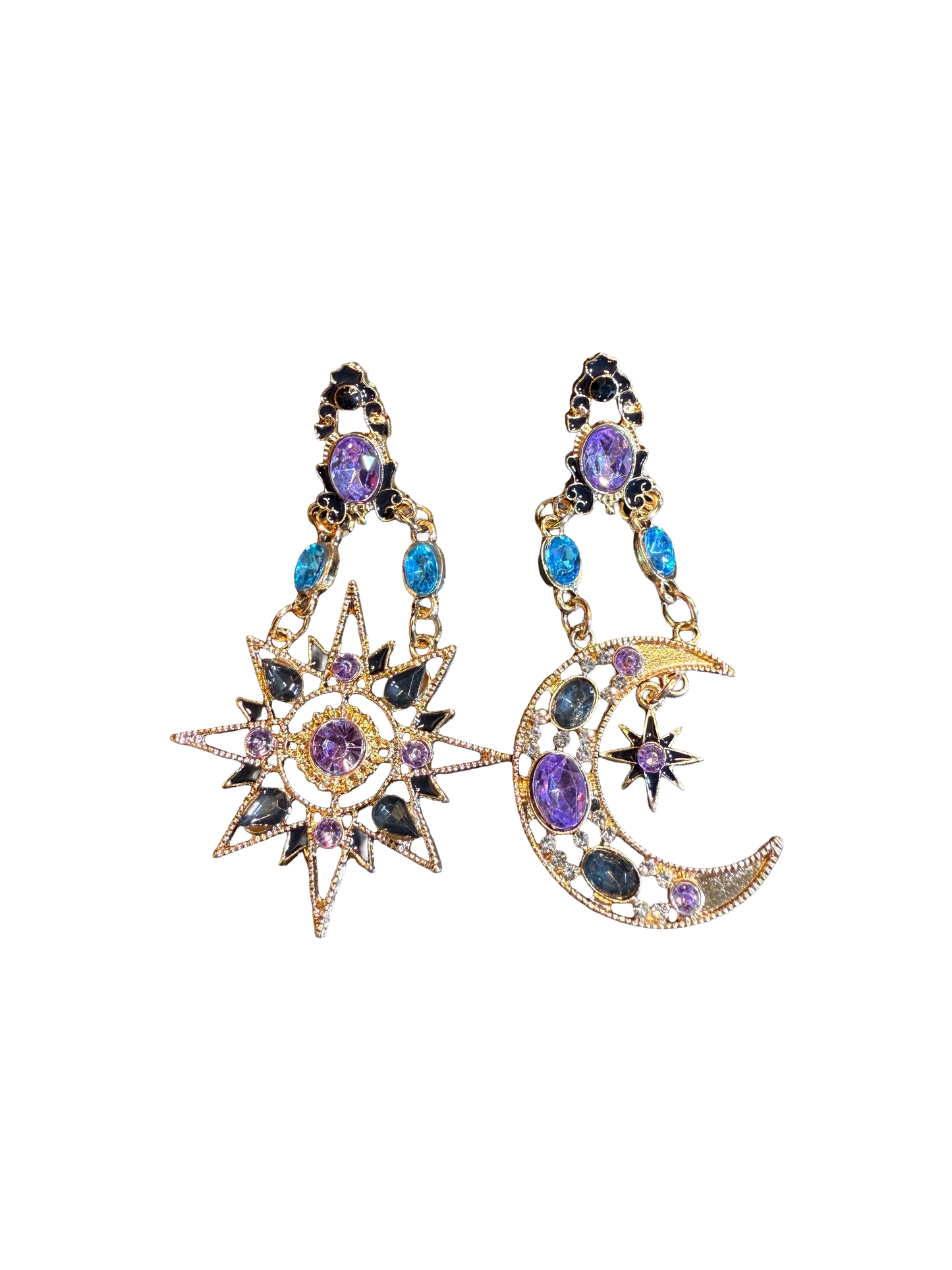 Vintage Style Purple Sun And Moon Earrings - Mismatched Celestial Crystal Jewelry