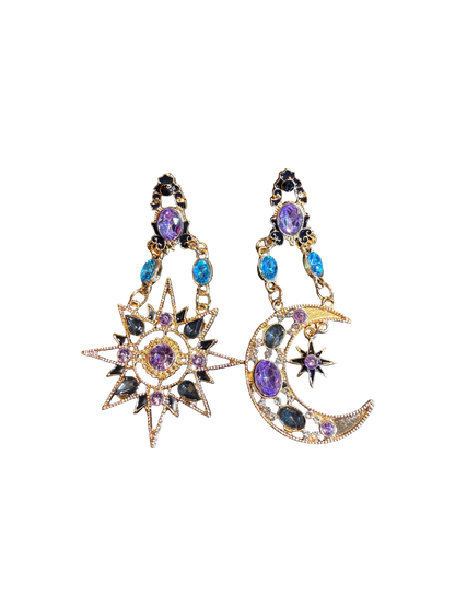 Vintage Style Purple Sun And Moon Earrings - Mismatched Celestial Crystal Jewelry