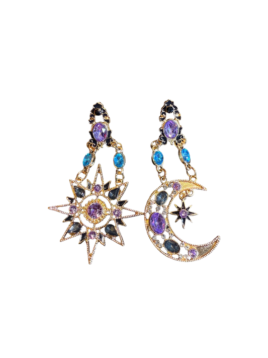 Vintage Style Purple Sun And Moon Earrings - Mismatched Celestial Crystal Jewelry