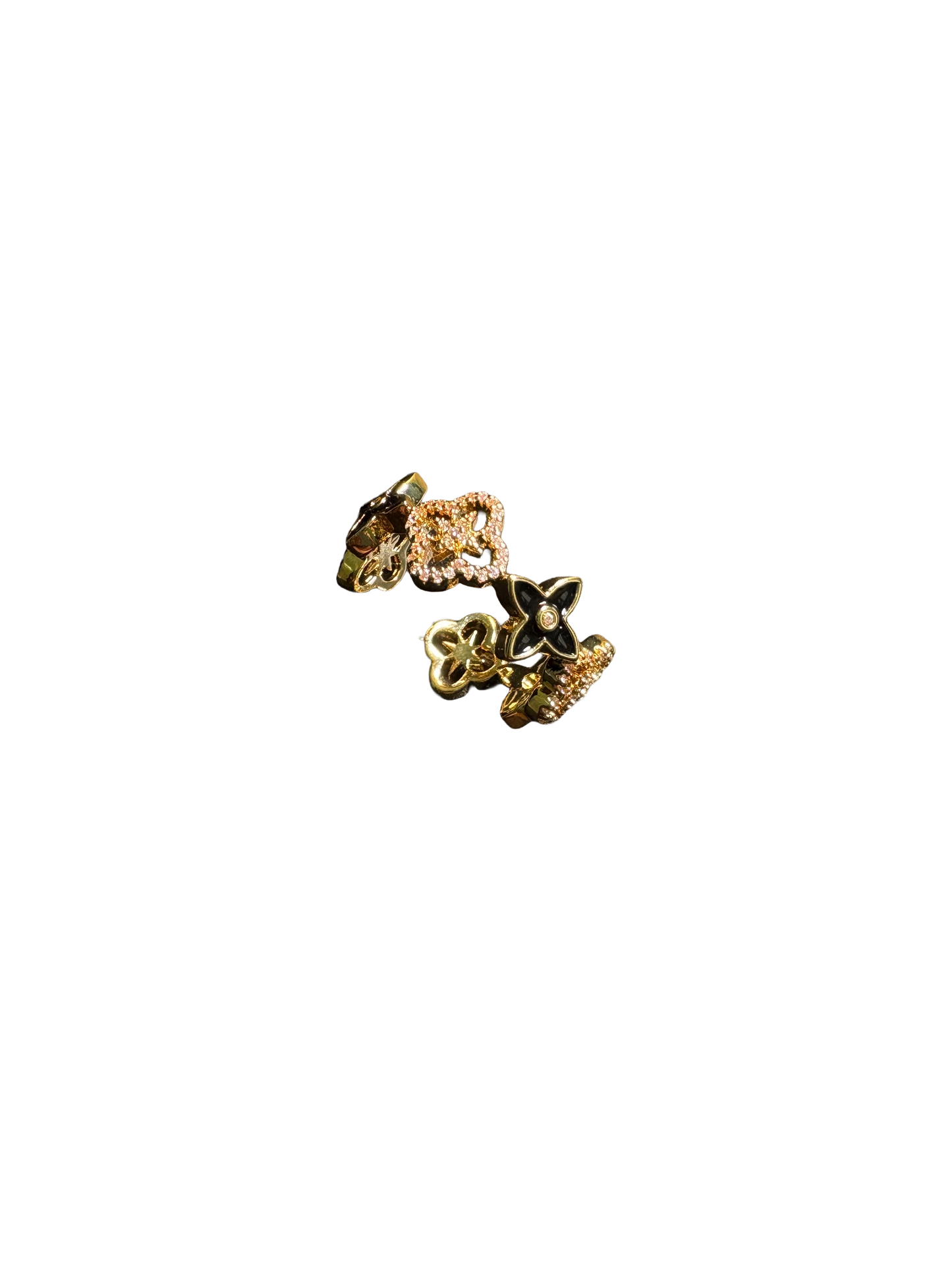 Vintage Style Black Enamel And Crystal Flower Ring - Gold Tone Quatrefoil Band