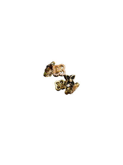 Vintage Style Black Enamel And Crystal Flower Ring - Gold Tone Quatrefoil Band