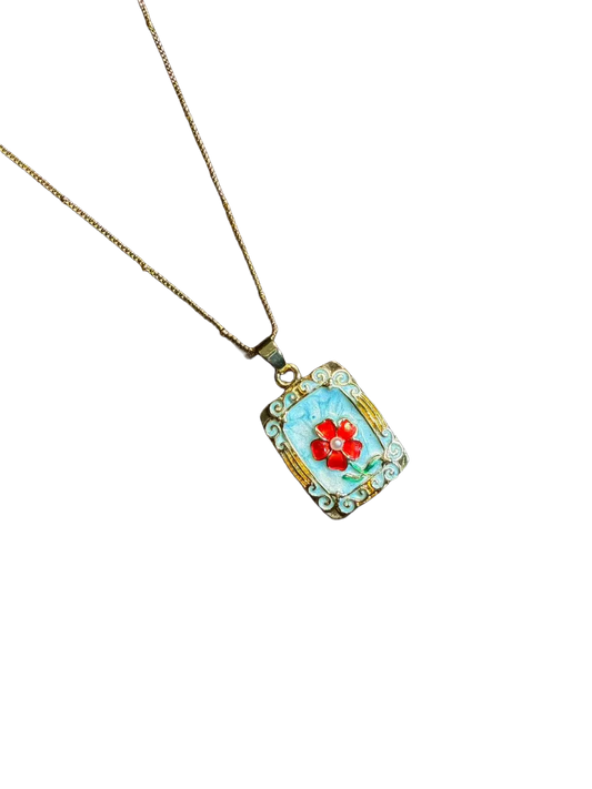 Vintage Style Blue Enamel Red Flower Necklace - Rectangular Picture Frame Pendant