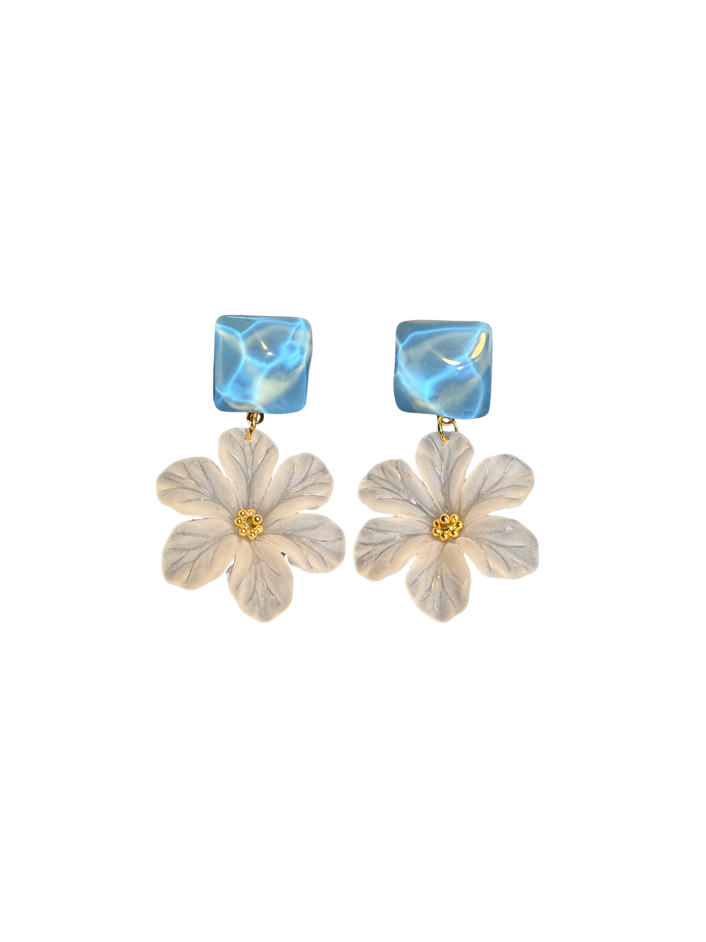 Vintage Style Blue Water Ripple And Frosted White Flower Drop Earrings