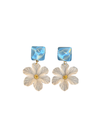 Vintage Style Blue Water Ripple And Frosted White Flower Drop Earrings