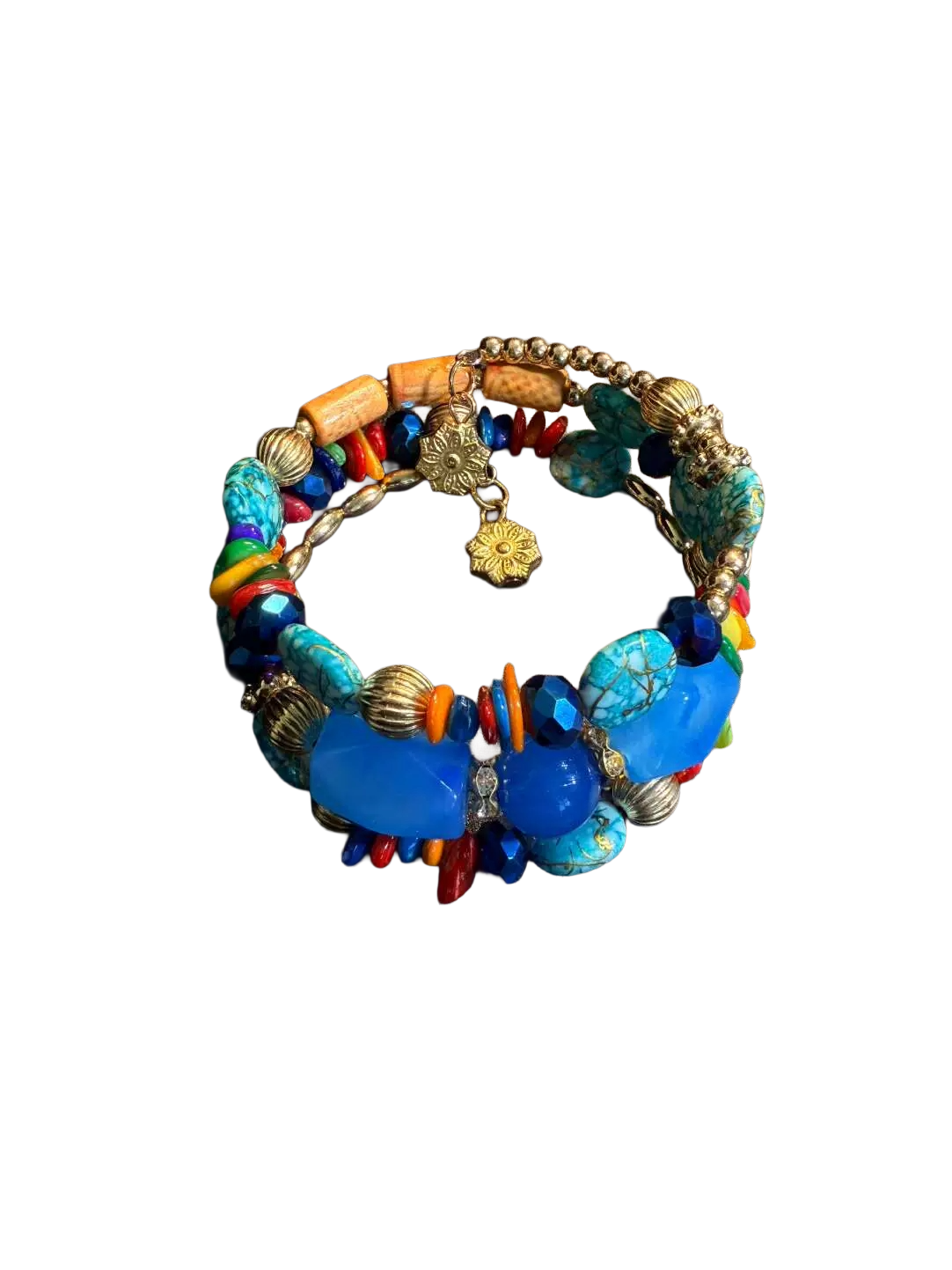 Vintage Style Chunky Blue Faceted Bead Bracelet - Boho Multi-Layer Stacked Bangle