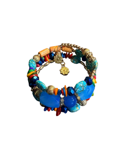 Vintage Style Chunky Blue Faceted Bead Bracelet - Boho Multi-Layer Stacked Bangle