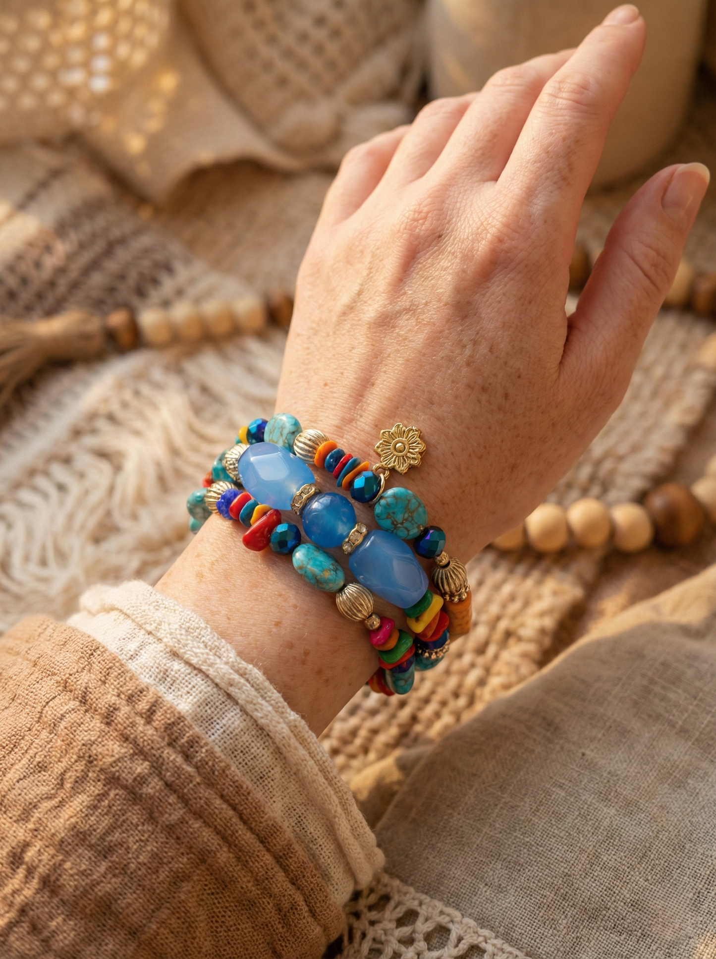 Vintage Style Chunky Blue Faceted Bead Bracelet - Boho Multi-Layer Stacked Bangle