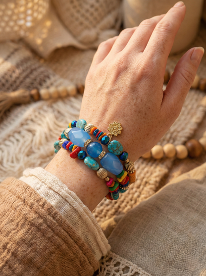 Vintage Style Chunky Blue Faceted Bead Bracelet - Boho Multi-Layer Stacked Bangle