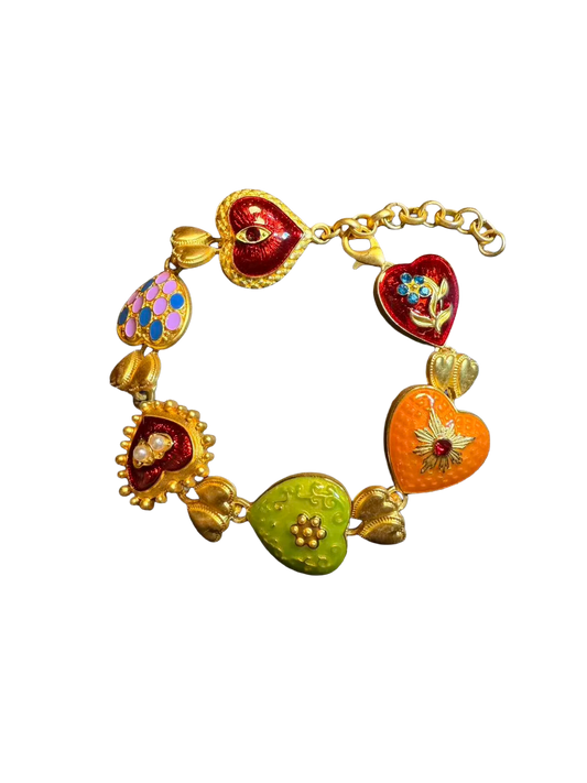 Vintage Style Colorful Enamel Heart Charm Bracelet - Matte Gold Tone Love Jewelry