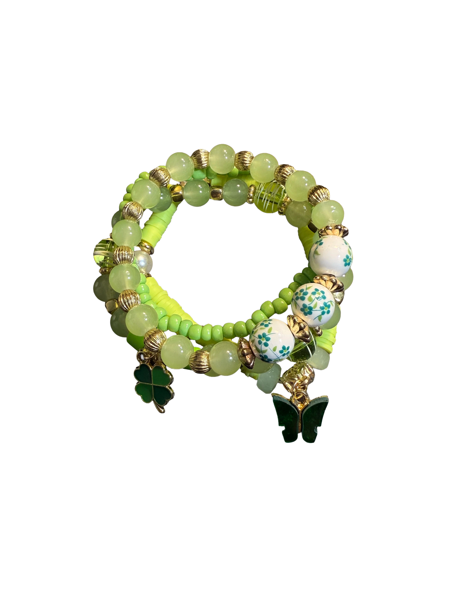 Vintage Style Green Clover Stackable Bracelet Set - Lucky Butterfly And Floral Beaded Jewelry