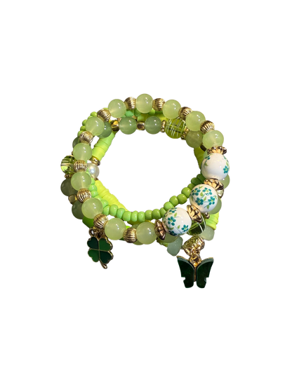 Vintage Style Green Clover Stackable Bracelet Set - Lucky Butterfly And Floral Beaded Jewelry