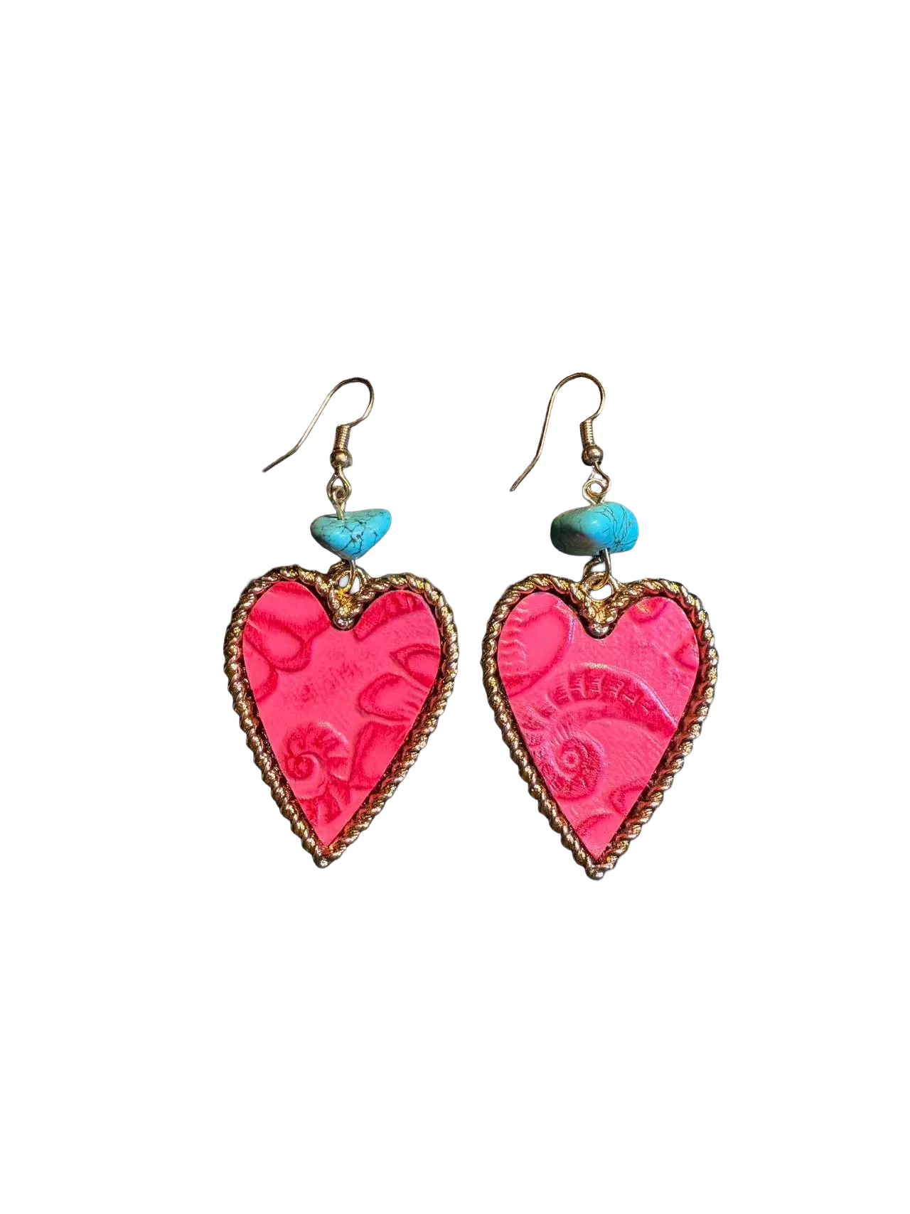 Vintage Style Hot Pink Heart Earrings - Boho Turquoise And Gold Drop Jewelry