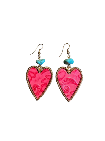 Vintage Style Hot Pink Heart Earrings - Boho Turquoise And Gold Drop Jewelry