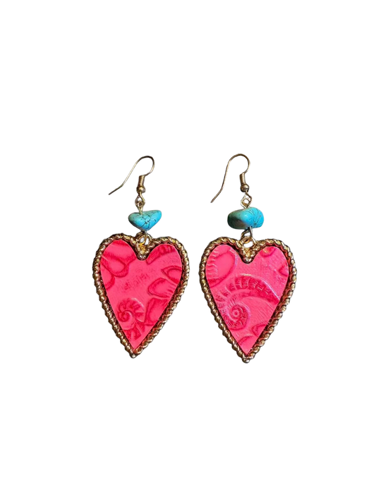 Vintage Style Hot Pink Heart Earrings - Boho Turquoise And Gold Drop Jewelry