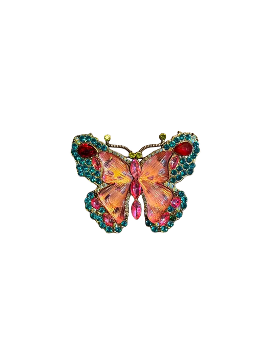 Vintage Style Pink And Teal Crystal Butterfly Brooch - Colorful Enamel Insect Pin