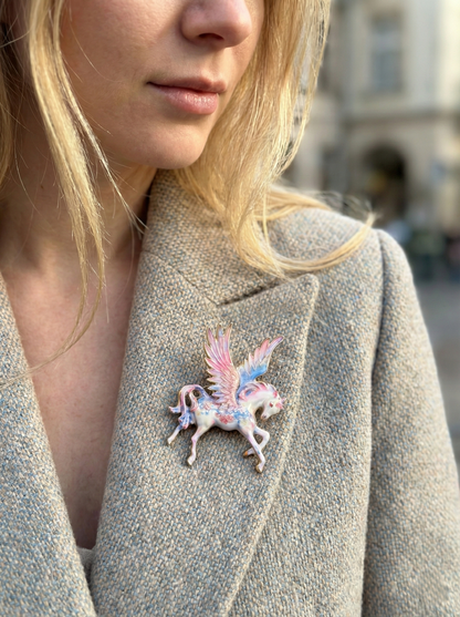 Vintage Style Pink Enamel Pegasus Brooch - Dreamy Winged Horse Lapel Pin