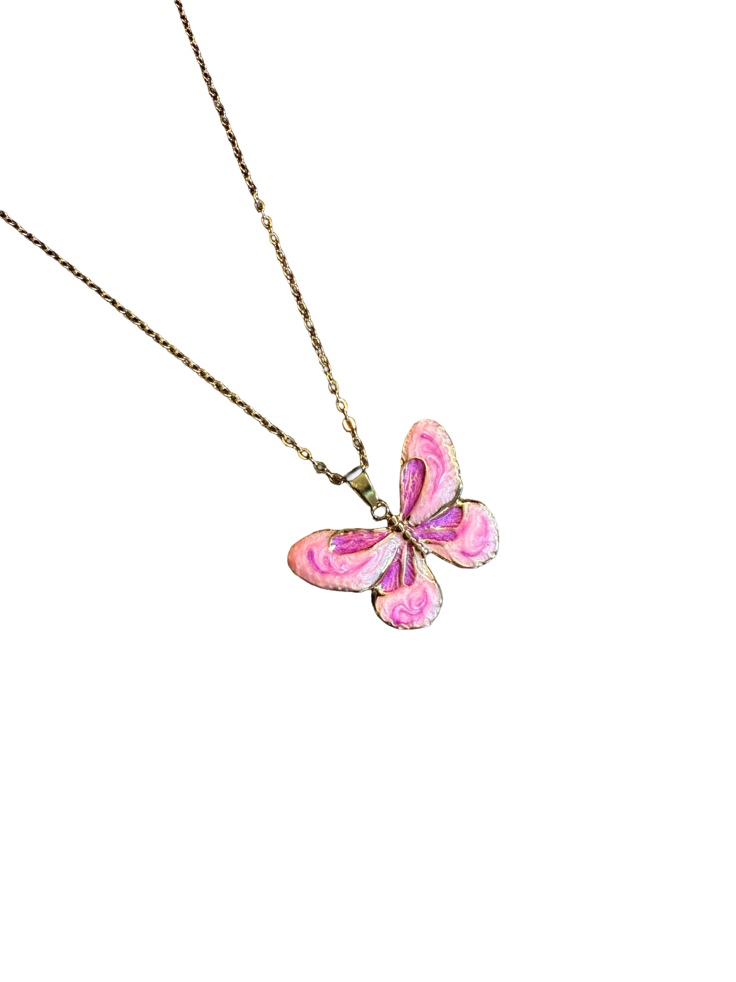 Collar de mariposa rosa jaspeada con esmalte y estilo vintage - Colgante de insecto en tono dorado