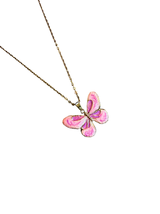 Vintage Style Pink Marbled Enamel Butterfly Necklace - Gold Tone Insect Pendant