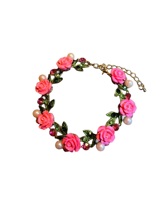Vintage Style Pink Rose And Pearl Bracelet - Romantic Floral Crystal Jewelry