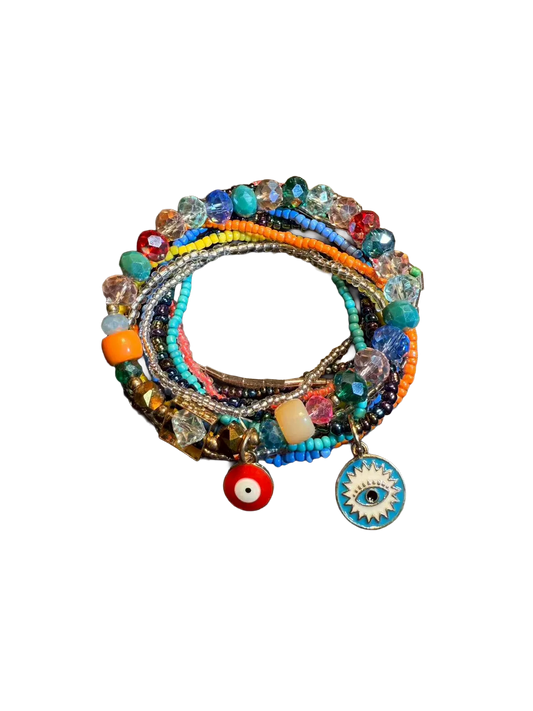 Vintage Style Rainbow Beaded Stackable Bracelet - Colorful Evil Eye Charm Jewelry