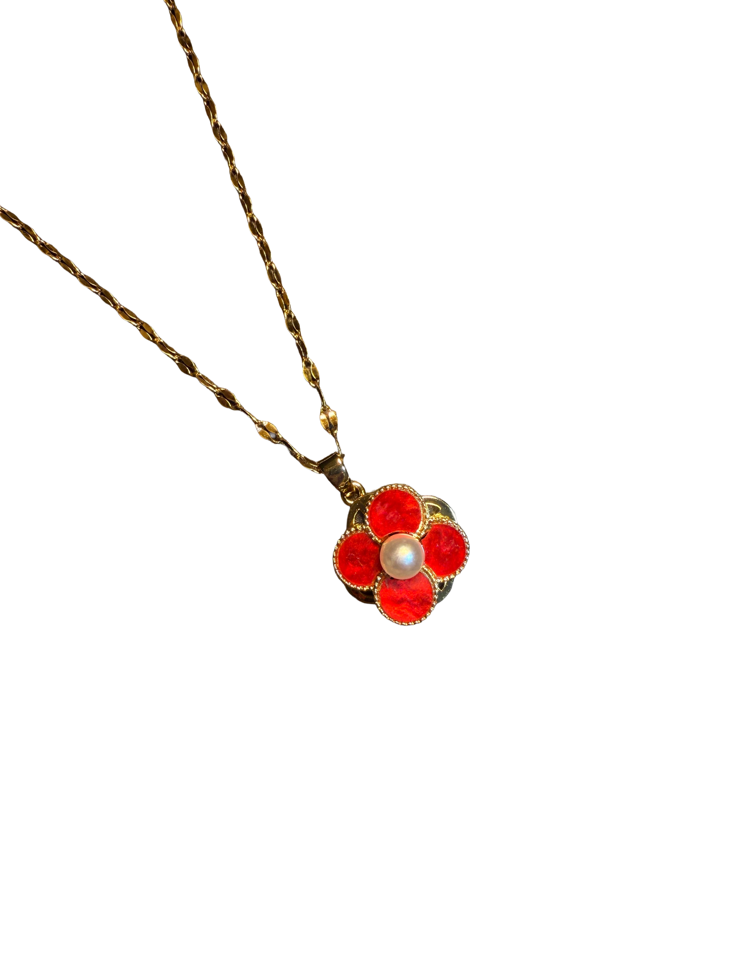 Collier style vintage avec trèfle rouge tournant - Pendentif chance en perles en ton or