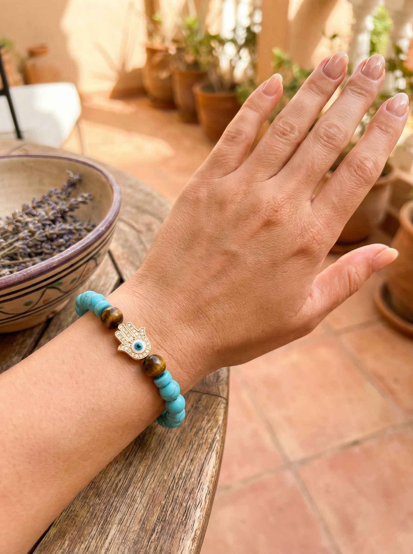 Vintage Style Turquoise And Tiger Eye Beaded Bracelet - Hamsa Hand Evil Eye Protection Jewelry