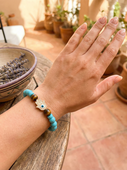 Vintage Style Turquoise And Tiger Eye Beaded Bracelet - Hamsa Hand Evil Eye Protection Jewelry