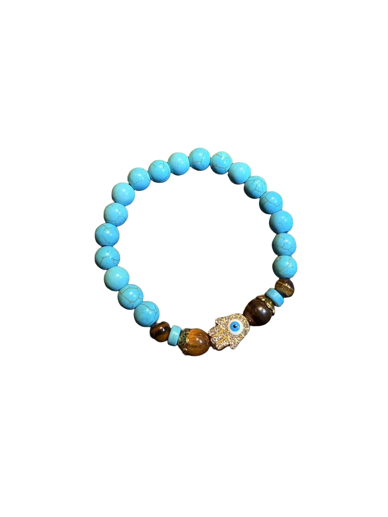 Vintage Style Turquoise And Tiger Eye Beaded Bracelet - Hamsa Hand Evil Eye Protection Jewelry