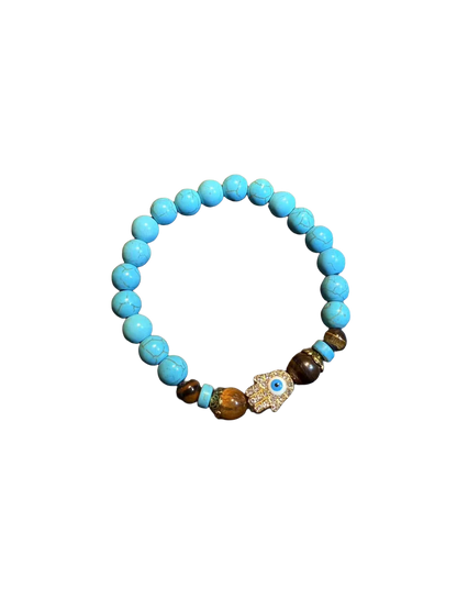 Vintage Style Turquoise And Tiger Eye Beaded Bracelet - Hamsa Hand Evil Eye Protection Jewelry