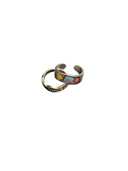 Y2K Graffiti Pattern Ring Pair - Cute Hand Drawn Cartoon Enamel Jewelry