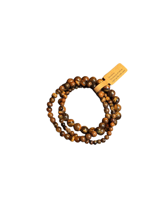 طقم أساور قابلة للتكديس من حجر عين النمر الطبيعي من YYBB Jewelry، خرز أحجار كريمة مطاطية، أسلوب بوهيمي زِن كلاسيكي للجنسين
