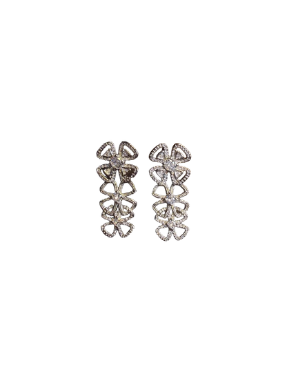 YYBB Jewelry Vintage Floral Drop Earrings with Pavé Cubic Zirconia, Silver-Tone Triple Bloom Bridal Statement Dangle Style
