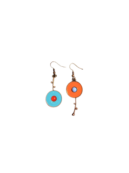 YYBB Jewelry ヴィンテージ アシンメトリー エナメル サークル ダングルイヤリング カラーブロック ポップドット ステートメント ミッドセンチュリー ボヘミアンスタイル