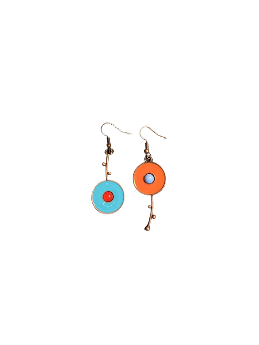 YYBB Jewelry Vintage Asymmetrical Enamel Circle Dangle Earrings, Color Block Pop Dot Statement Jewelry, Mid-Century Boho Style