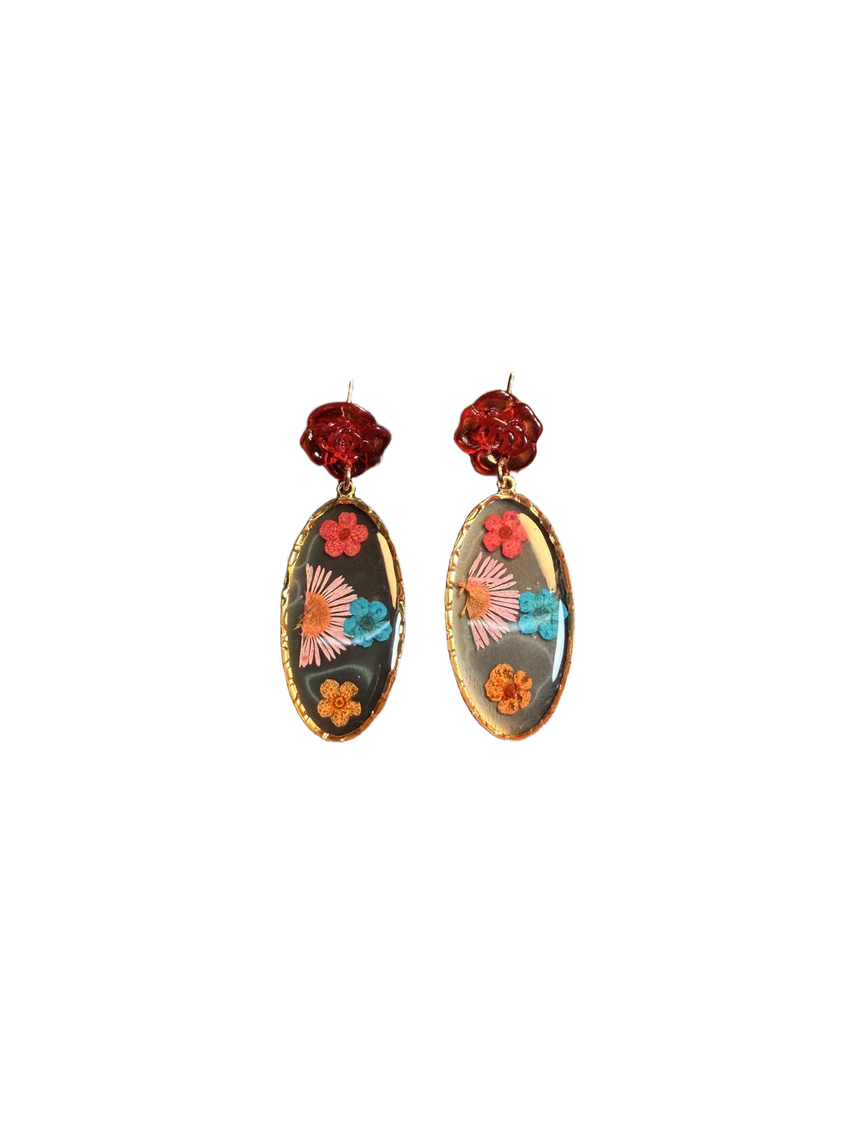 YYBB Jewelry ヴィンテージ 押し花ドロップピアス レッドローズスタッド 樹脂 ドライフラワー ボヘミアン コテージコア ステートメントジュエリー